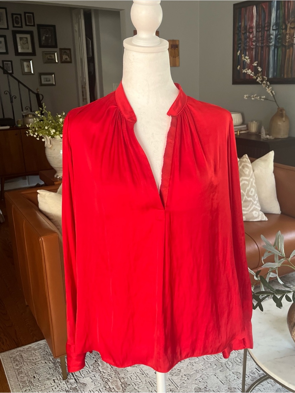 Zadig & Voltaire Tink Satin W/ Ribbon Accent Top Women Size Med Red Long Sleeve